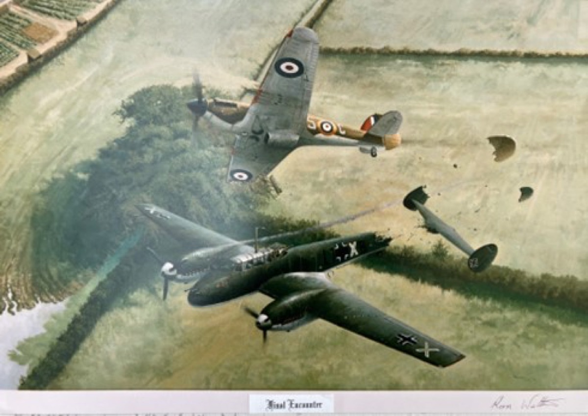 Trevor Lay’s 1996 painting depicting Burton’s Hurricane ramming the Me110 was commissioned by No 249 Squadron in 1996. Image provided by William Westbrooke Burton Learmonth.